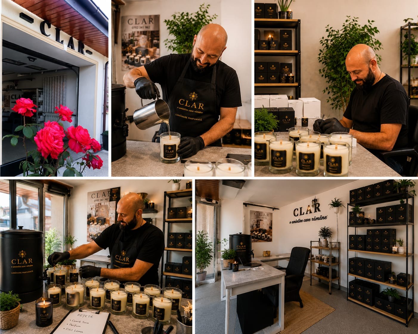 Colaj din atelierul CLAR — trandafiri, turnare, finisare, ambalare