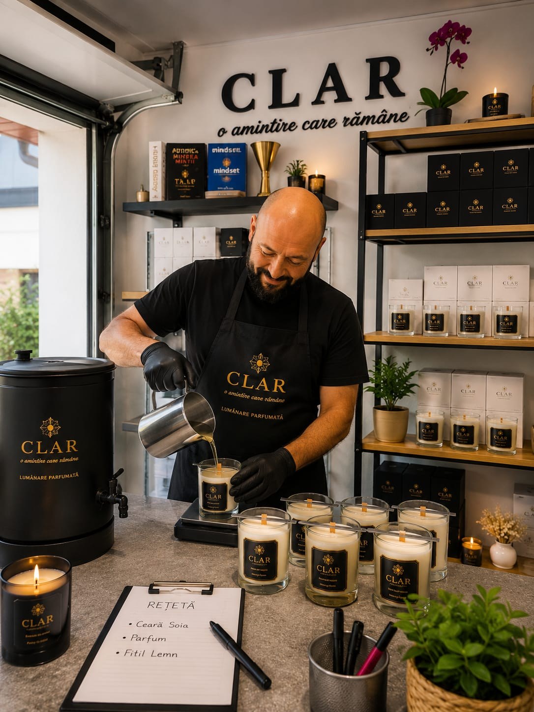 Artizanul CLAR turnând ceara parfumată — rețetă cu fitil din lemn