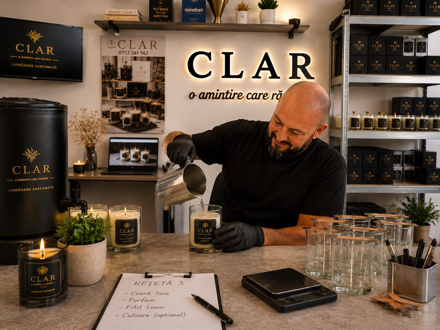 Atelierul CLAR — Rețeta 3, ceară de soia, parfum și fitil din lemn